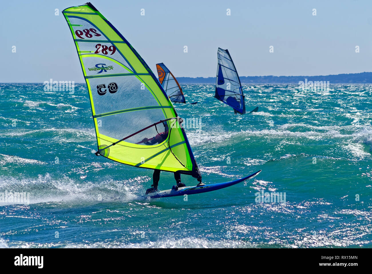 Windsurferx during a strong Mistral day in mediterranean sea (St Laurent du Var , France) Stock Photo