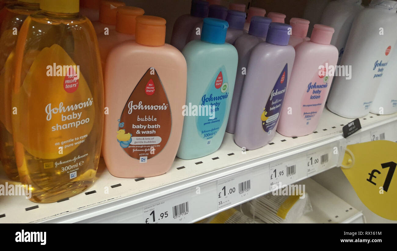 Johnson and Johnson products on sale in a branch of Wilko in Manchester on 15 Feb 2019. Stock Photo