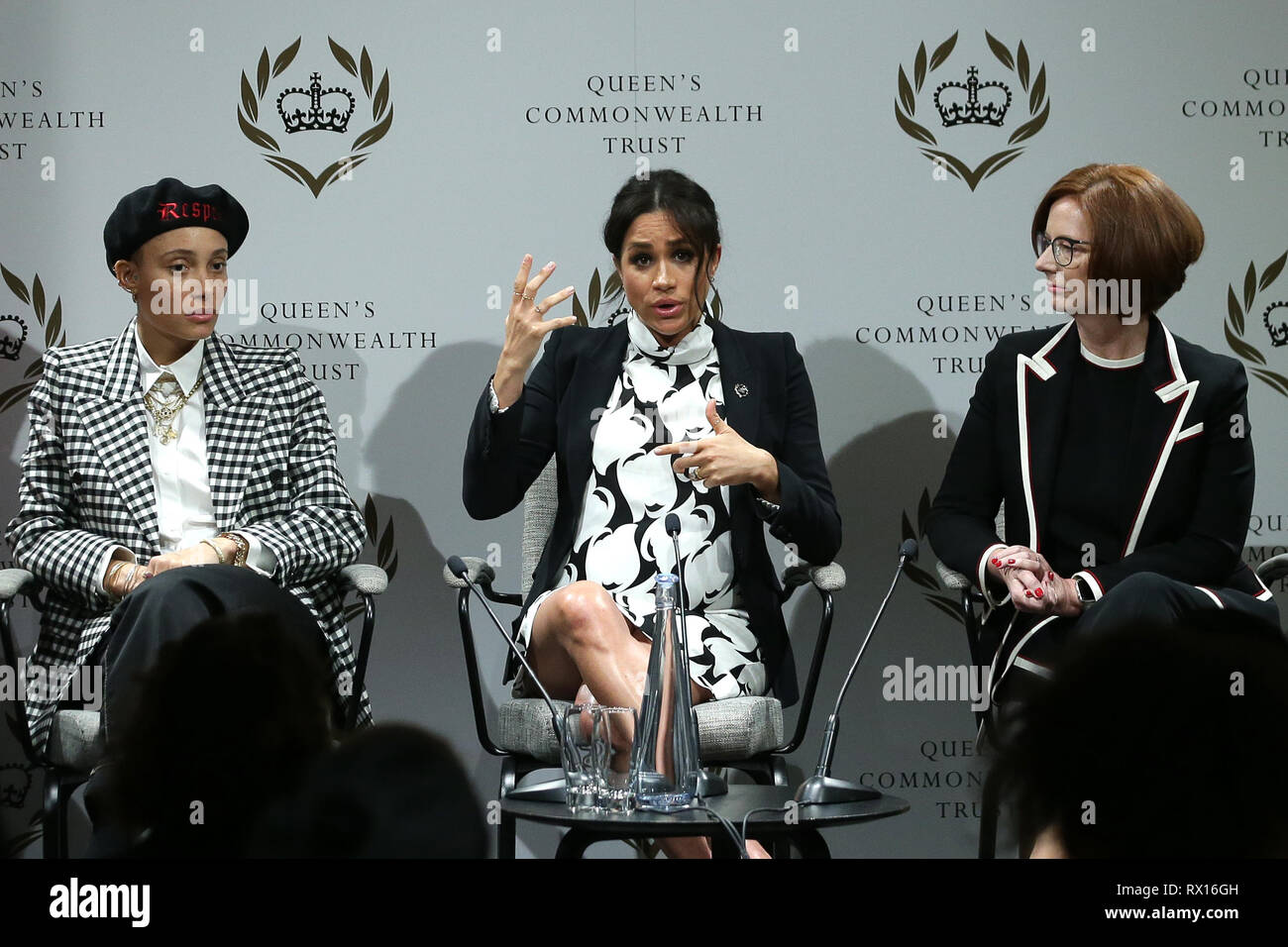 (left to right) Model Adwoa Aboah, the Duchess of Sussex and former Australian Prime Minister Julia Gillard during a panel discussion convened by The Queen's Commonwealth Trust to mark International Women's Day at King's College in London. Stock Photo