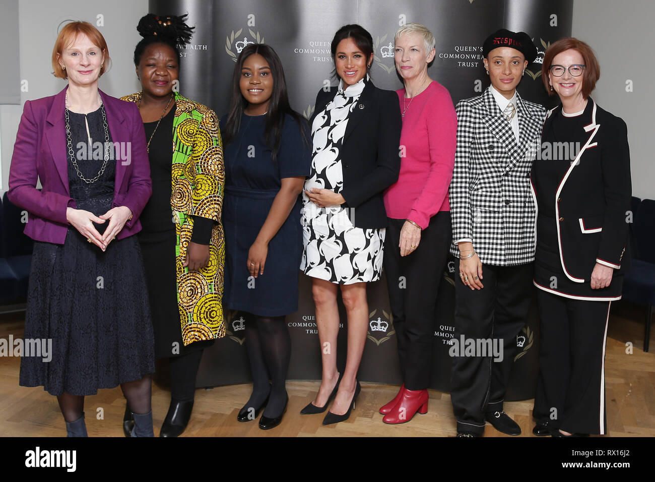 (left to right) Journalist Anne McElvoy, Camfed Regional Director Zimbabwe's Angeline Murimirwa, campaigner Chrisann Jarrett, the Duchess of Sussex, singer Annie Lennox, model Adwoa Aboah and former Australian Prime Minister Julia Gillard before a panel discussion convened by The Queen's Commonwealth Trust to mark International Women's Day at King's College in London. Stock Photo
