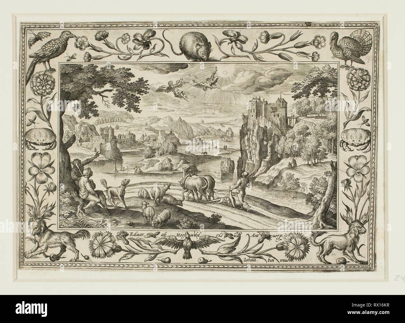 The Fall of Icarus, from Landscapes with Old and New Testament Scenes and Hunting Scenes. Adriaen Collaert (Flemish, c. 1560-1618); after Hans Bol (Flemish, 1535-1593); published by Anna van Hoeswinckel (Flemish). Date: 1584. Dimensions: 143 × 200 mm (image/primary support, trimmed within plate mark); 176 × 238 mm (secondary support). Engraving in black on cream laid paper, laid down on cream laid paper. Origin: Flanders. Museum: The Chicago Art Institute. Author: II Adriaen Collaert. Stock Photo