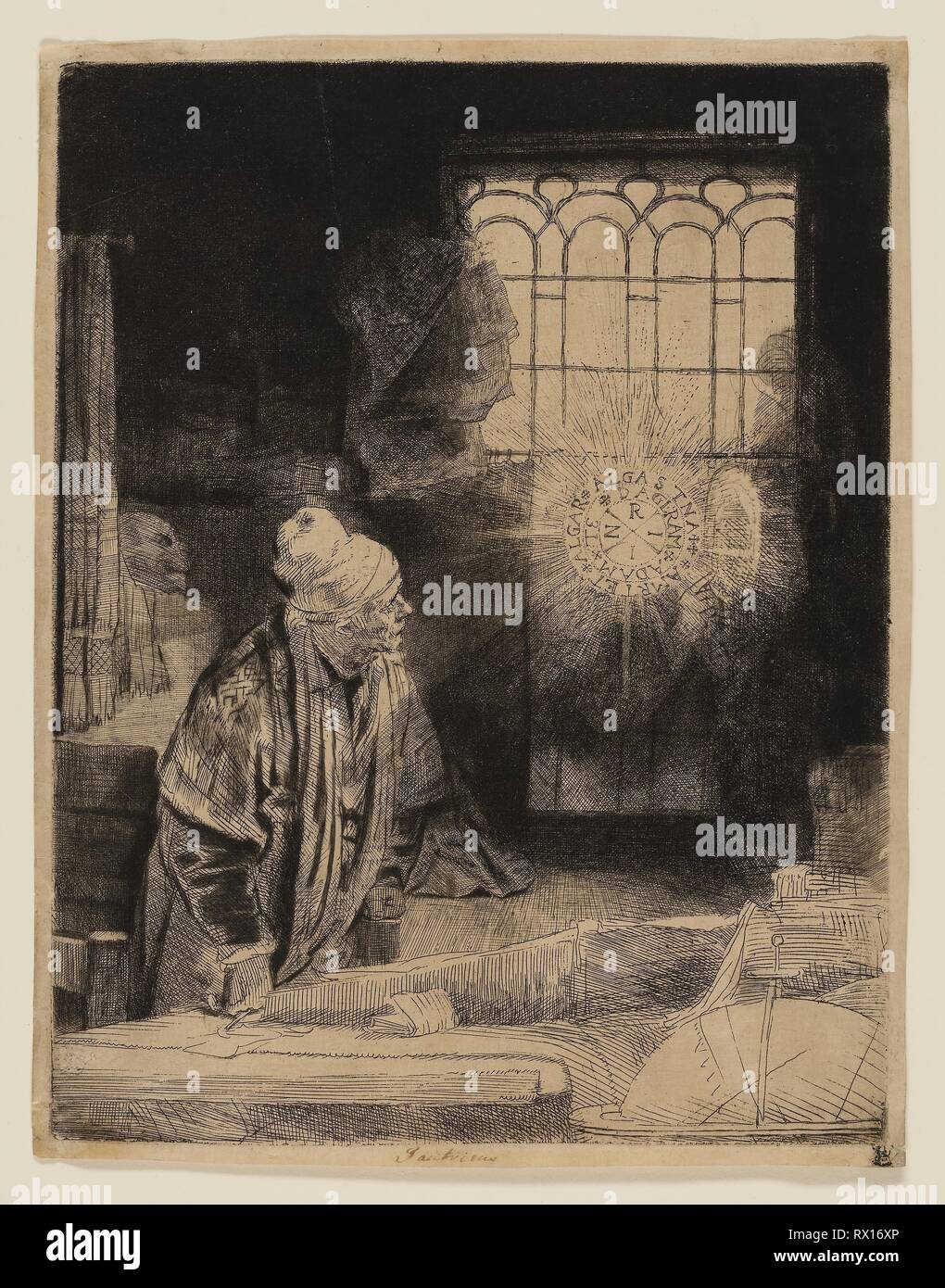 A Scholar in His Study (Faust). Rembrandt van Rijn; Dutch, 1606-1669. Date: 1647-1657. Dimensions: 209 x 161 mm (plate); 217 x 168 mm (sheet). Etching, drypoint, and engraving, on ivory Japanese paper. Origin: Holland. Museum: The Chicago Art Institute. Author: REMBRANDT HARMENSZOON VAN RIJN. Rembrandt van Rhijn. Stock Photo