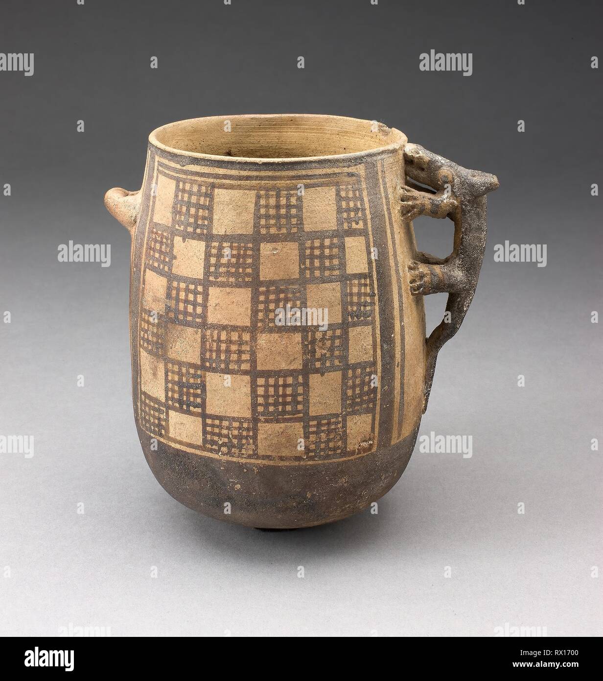 Jar with Textile-Like Pattern and Handle in Form of an Animal. Chancay;  Central coast, Peru. Date: 1000-1476. Dimensions: . Ceramic and pigment.  Origin: Central Coast. Museum: The Chicago Art Institute Stock Photo -