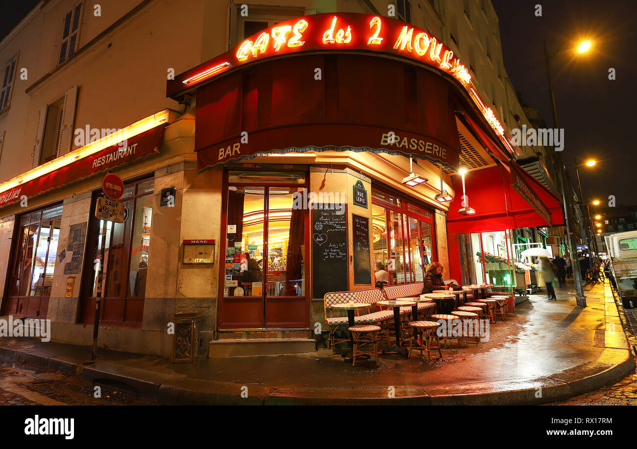 The famous Cafe des 2 Moulins French for Two Windmills is a cafe in the Montmartre, Paris, France. Stock Photo
