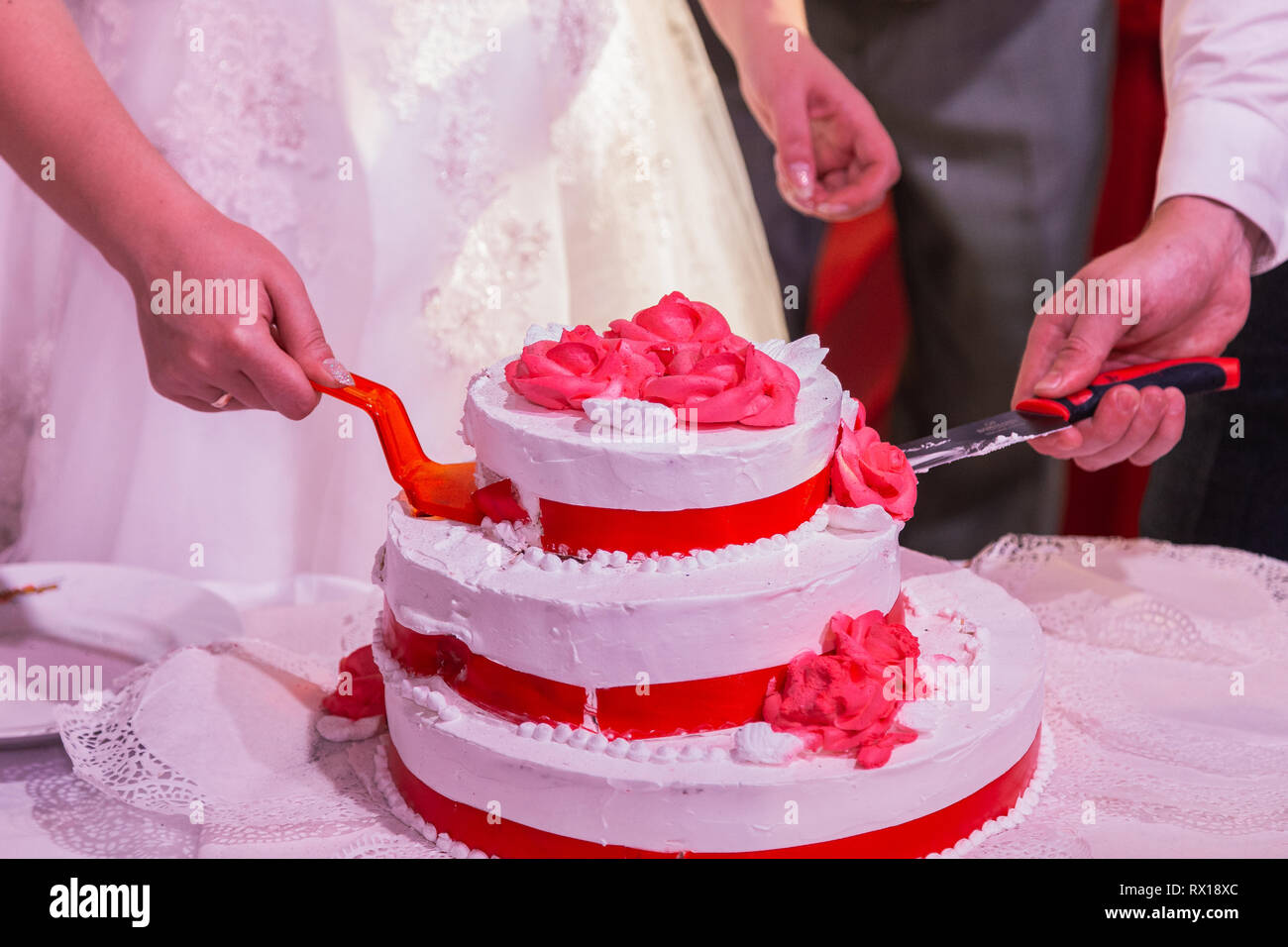 Very beautiful handmade wedding cake, new design. Stock Photo