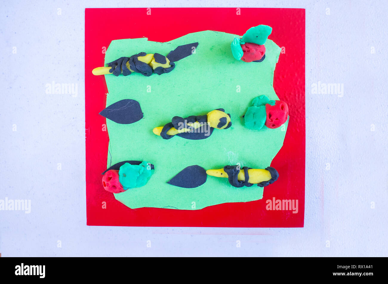 Little animals made with playdough and EVA foam. Manual arts workshop for children Stock Photo