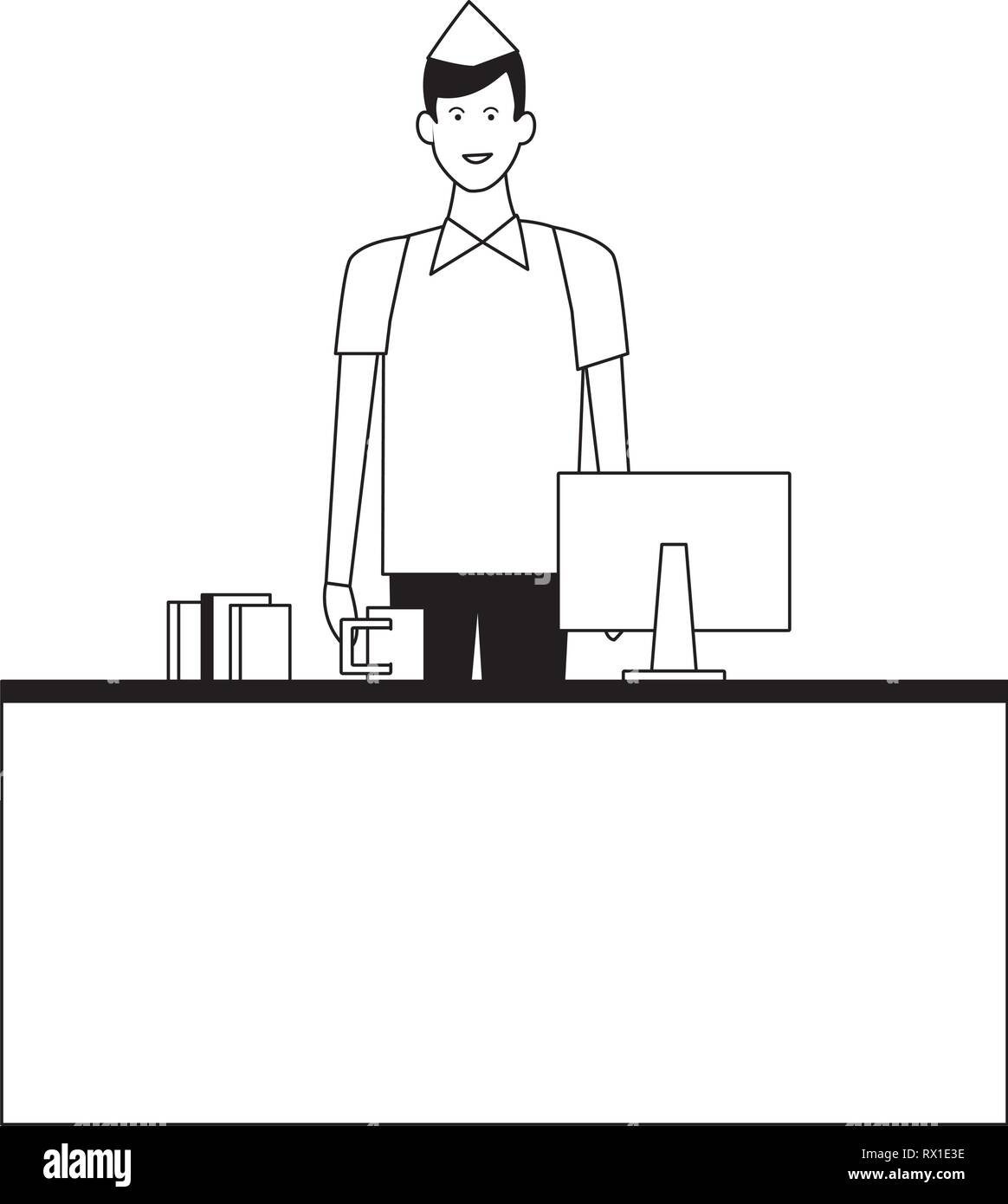Supermarket cashier in the cash in black and white Stock Vector Image ...