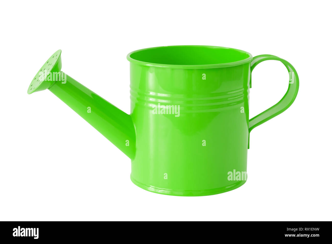 Green watering can, isolated on white background. Stock Photo