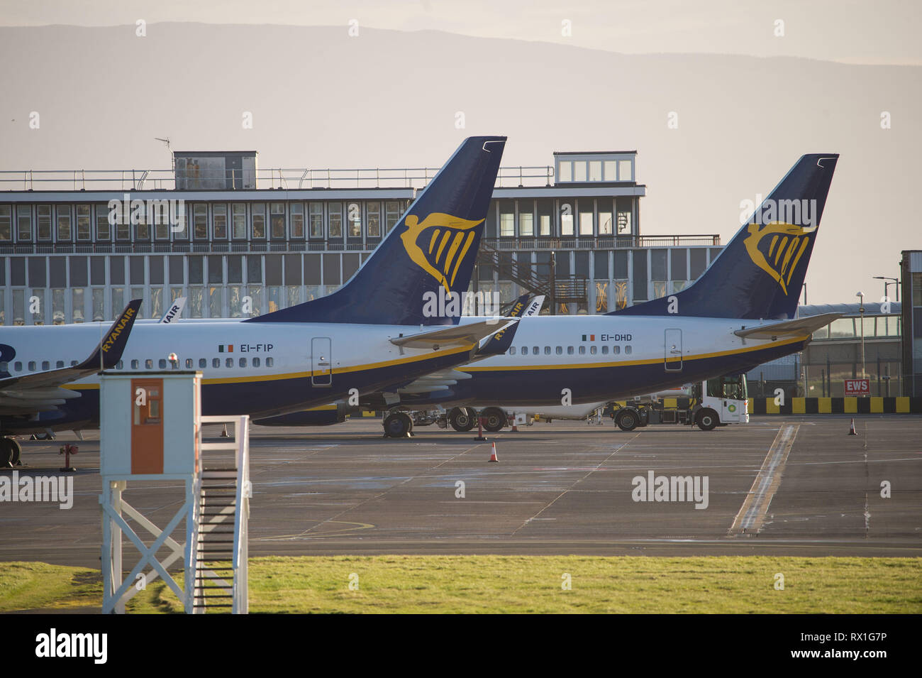 Prestwick, UK. 7 March 2019. Ryanair planes seen at Prestwick on a Spring evening.  Ryanair is an Irish low-cost airline founded in 1984, headquartere Stock Photo