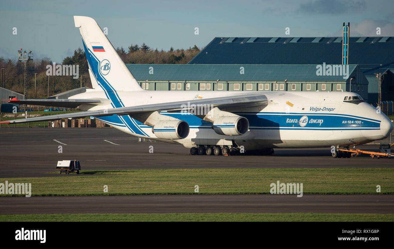 Prestwick, UK. 7 March 2019. The Russian giant, known as the Antanov 124-100 Commercial Transport Aircraft seen at Prestwick International Airport. Stock Photo