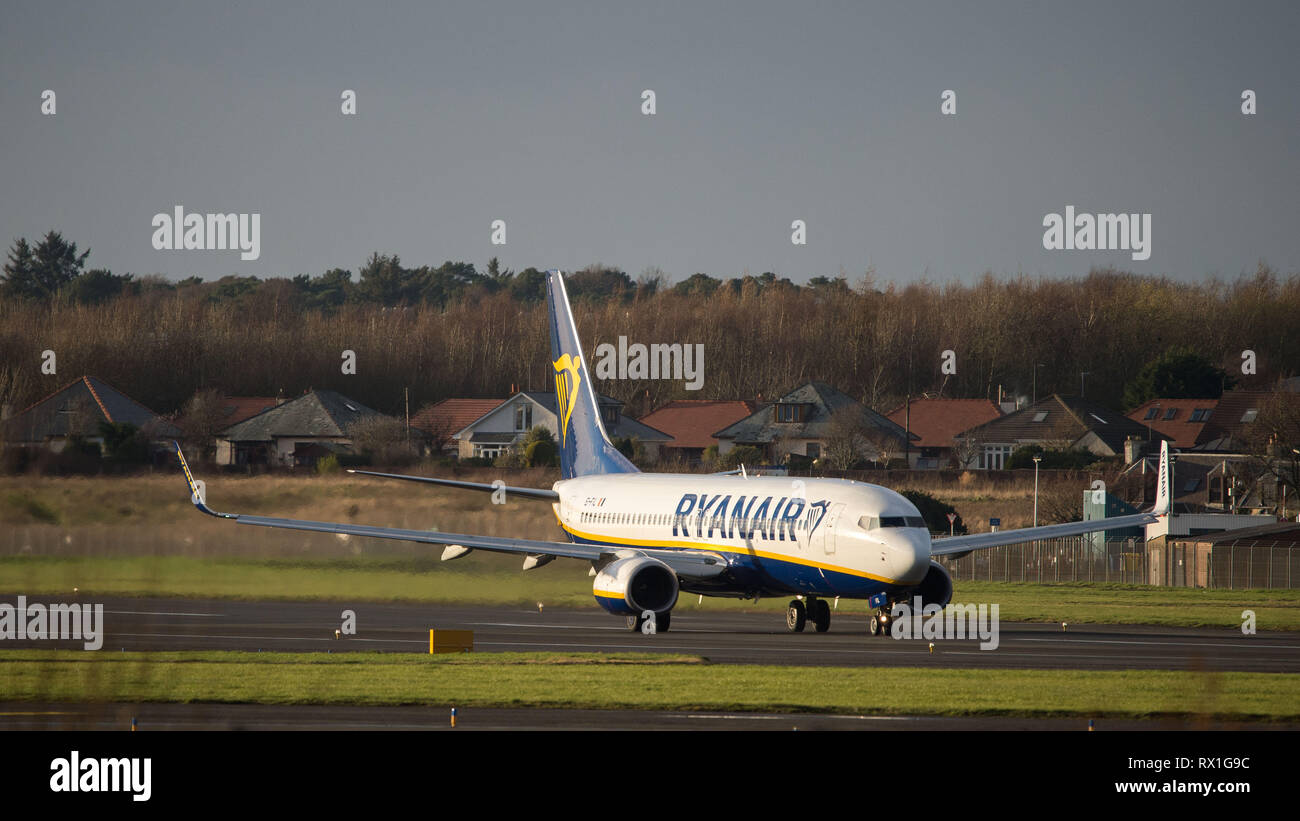 Prestwick, UK. 7 March 2019. Ryanair Flight Boeing 737-8AS (Reg: EI-FIL) departing Prestwick International Airport. This aircraft is a next generation Stock Photo