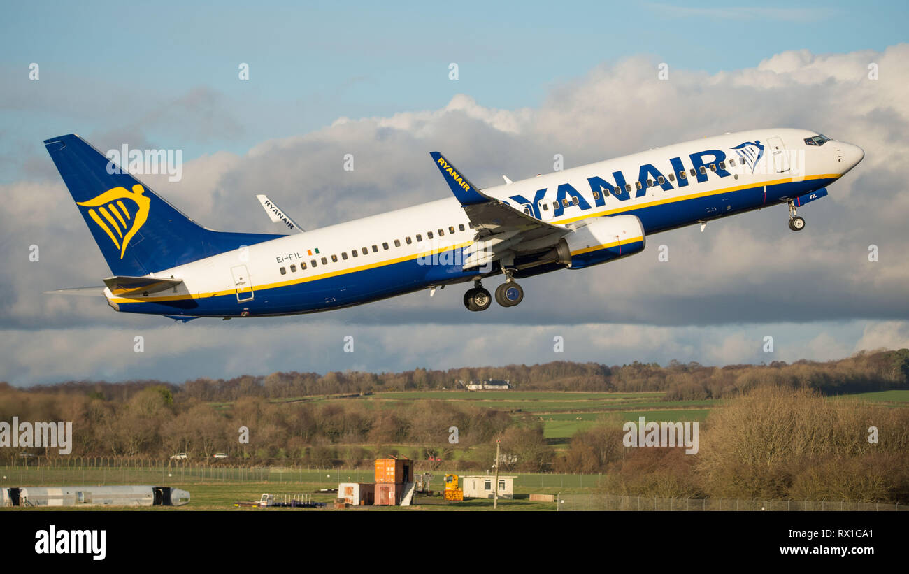 Prestwick, UK. 7 March 2019. Ryanair Flight Boeing 737-8AS (Reg: EI-FIL) departing Prestwick International Airport. This aircraft is a next generation Stock Photo