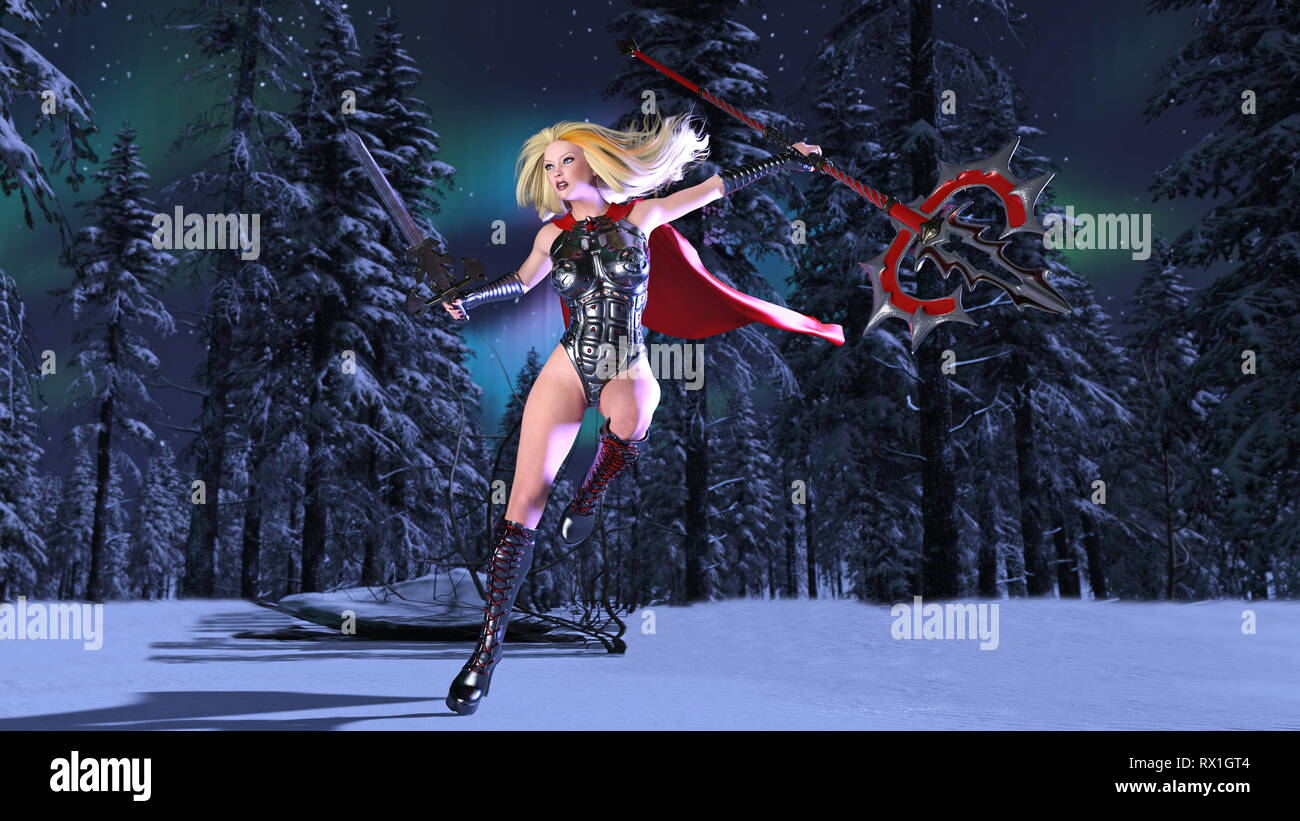 Nordic heroine woman in winter forest at night, Norse mythology super hero girl, ancient warrior princess with medieval weapons, 3D rendering Stock Photo
