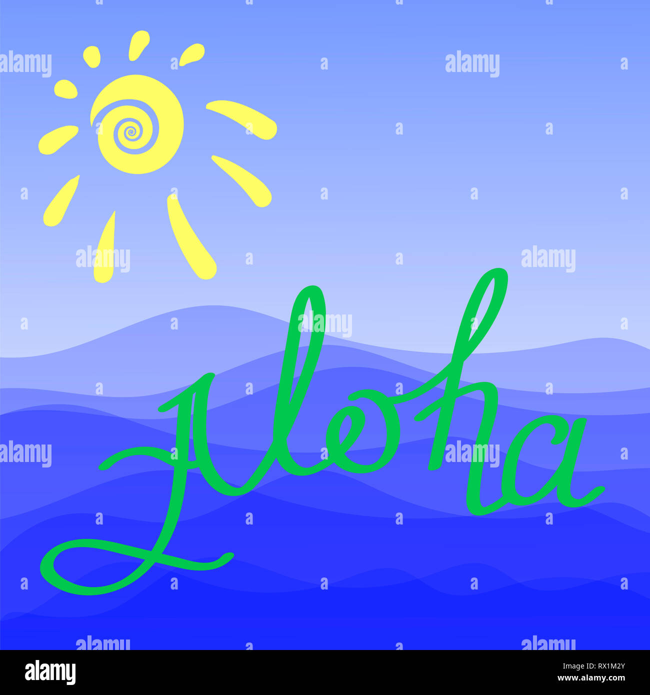 Lettering Aloha Text with Sea and Sun on Blue Sky Backround. Hand Sketched Aloha Typography Sign Stock Photo