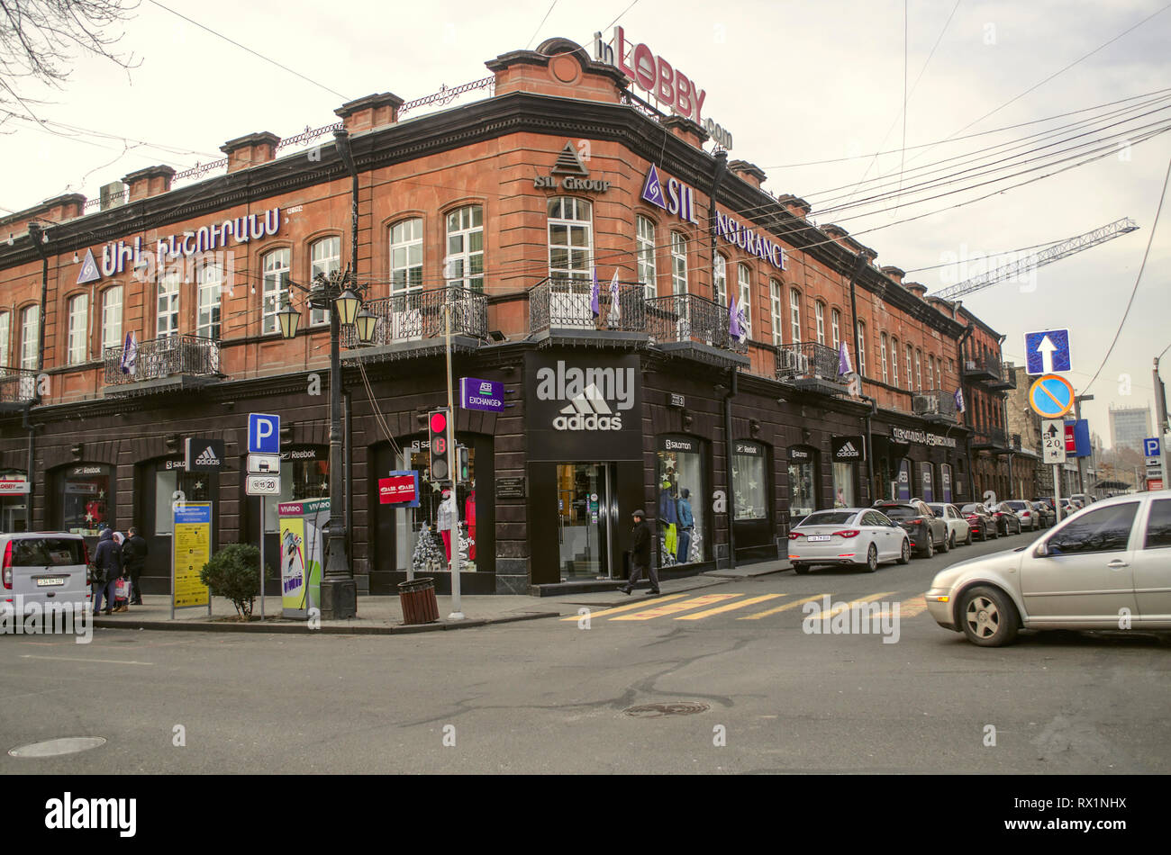 Yerevan, Armenia,January 02,2019:A beautiful old two-story building built  of black and red tuff at the intersection of Arami street and Abovyan  street Stock Photo - Alamy