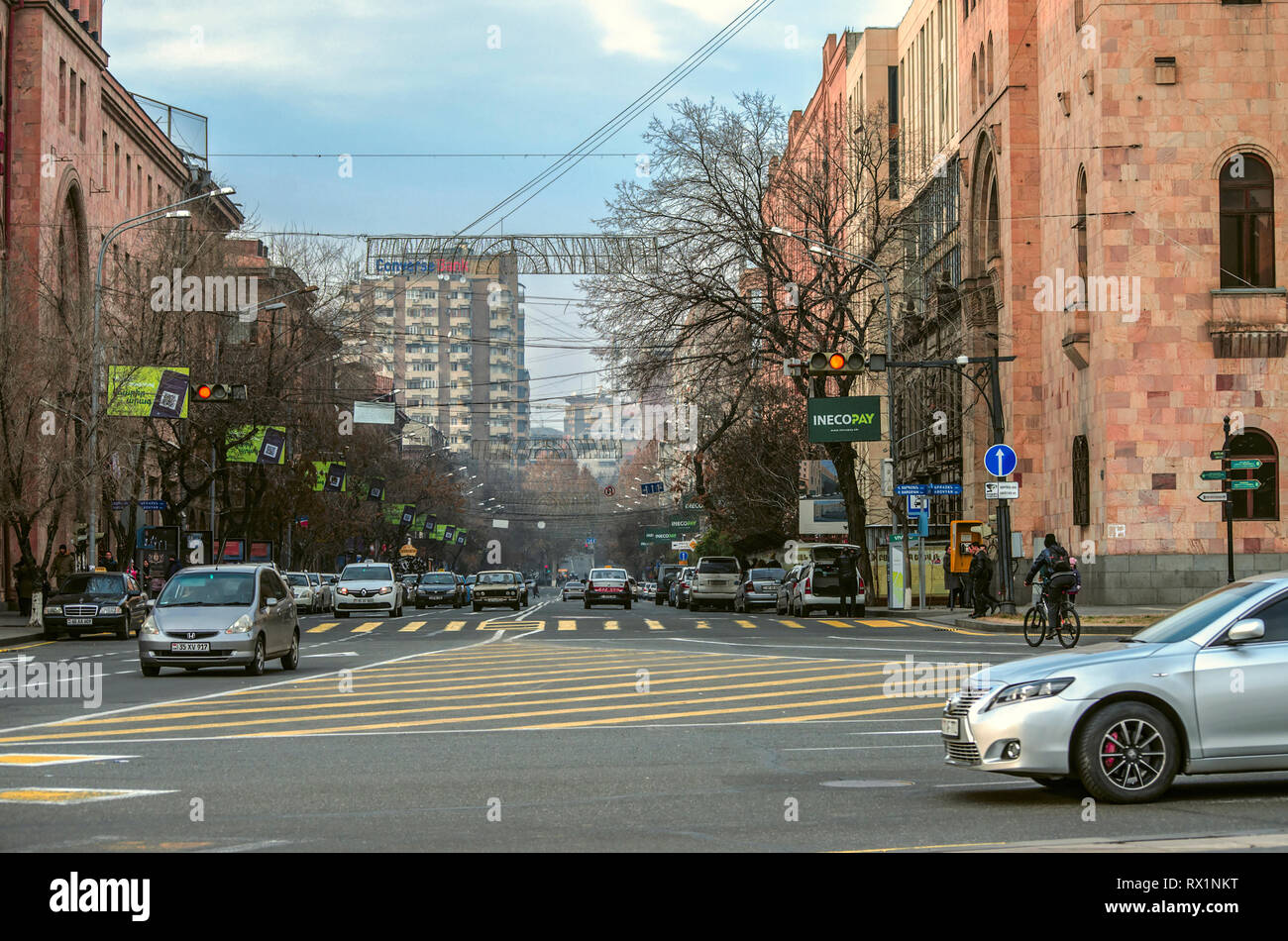 Yerevan, Armenia,January 02,2019: Beginning of Amiryan Street with old buildings that continue the style of the architectural ensemble of the central  Stock Photo