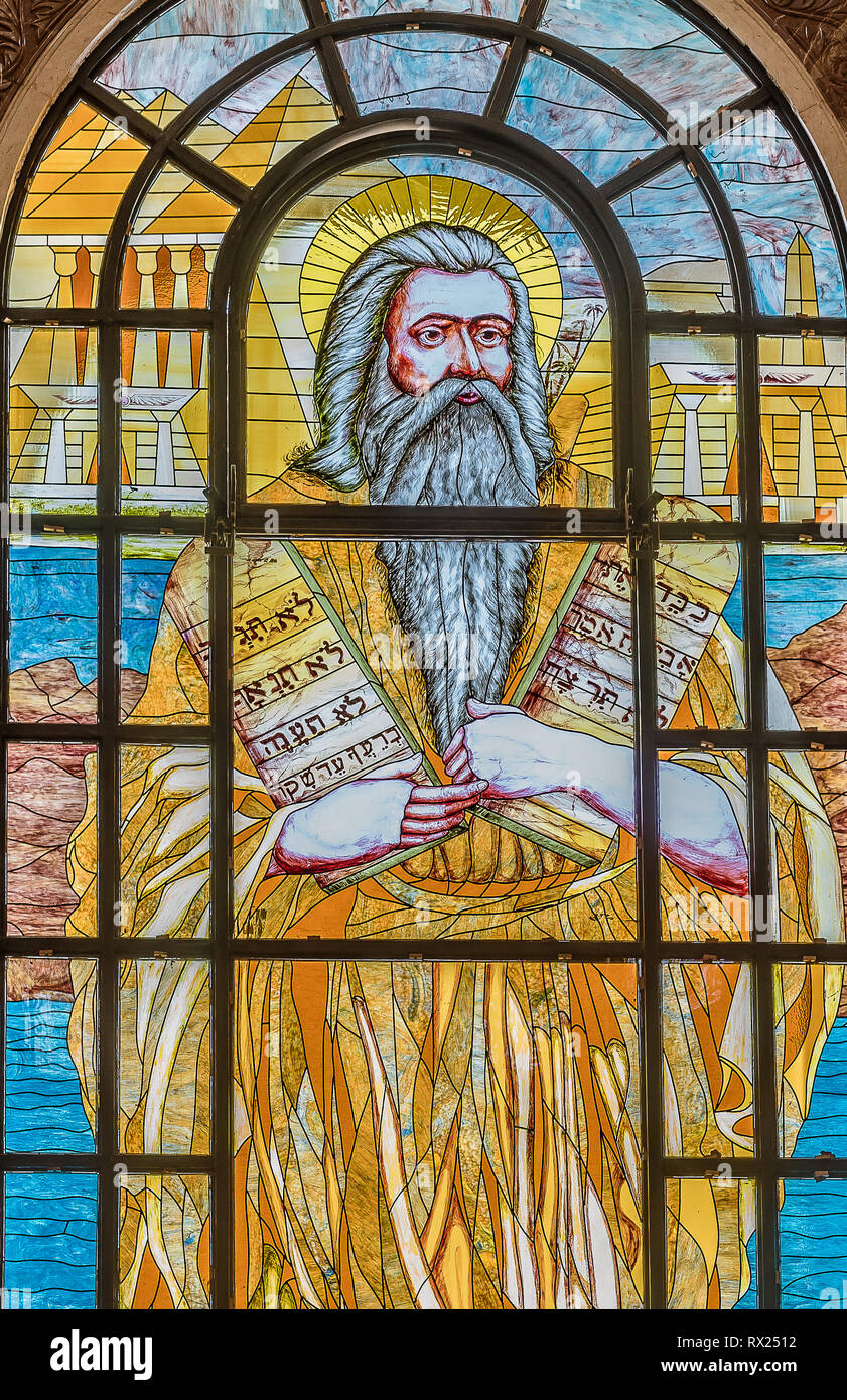 Moses with the tablets of the Law, Stained glass in the Coptic Church in Sharm El Sheik, Egypt, October 31, 2018 Stock Photo