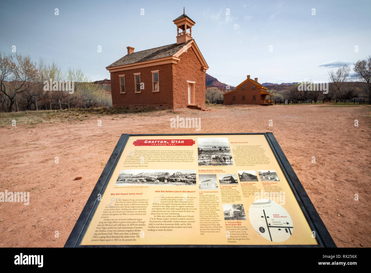 Interpretive sign and historic buildings, Grafton ghost town, Utah USA