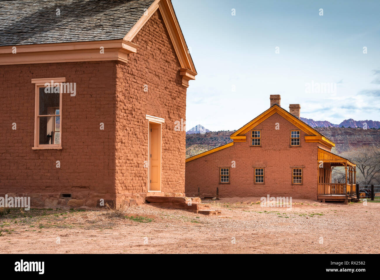 Alonzo Russell adobe house (featured in the film 'Butch Cassidy and the Sundance Kid') and schoolhouse, Grafton ghost town, Utah USA Stock Photo