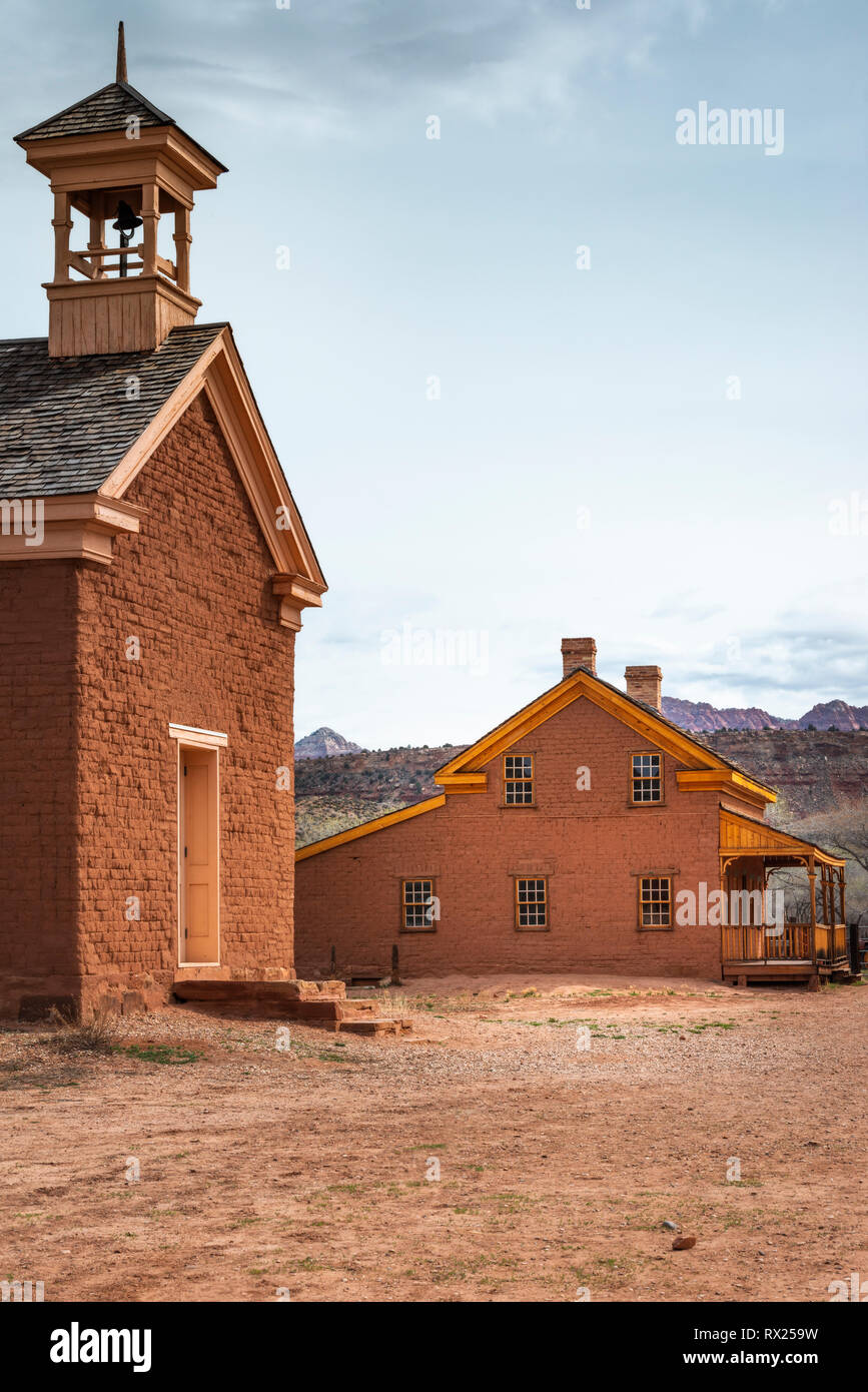 Alonzo Russell adobe house (featured in the film 'Butch Cassidy and the Sundance Kid') and schoolhouse, Grafton ghost town, Utah USA Stock Photo