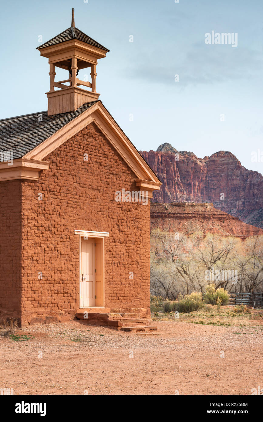 Adobe schoolhouse and Zion cliffs, Grafton ghost town, Utah USA Stock Photo Alamy