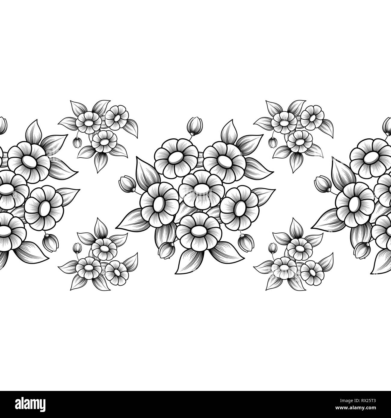 Black outline floral pattern with daisies and leaves isolated on white