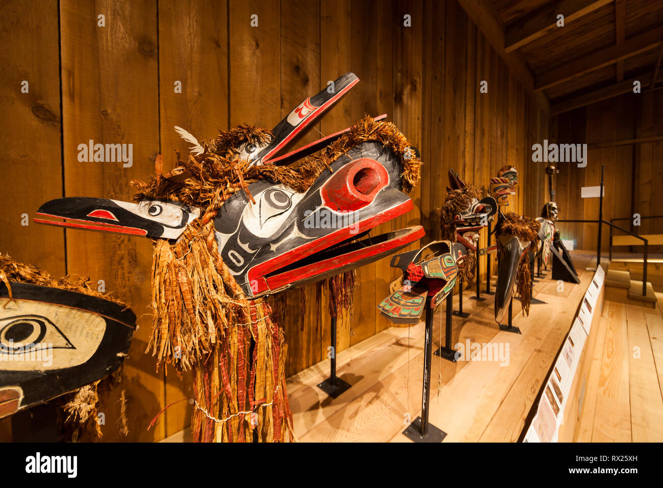 Masks used in the Hamatsa dance include these man eating birds, servants of Baxwbakwalanuksiwe.  On display at the U'Mista Cultural Centre in Alert Bay,  Cormorant Island,  British Columbia, Canada Stock Photo