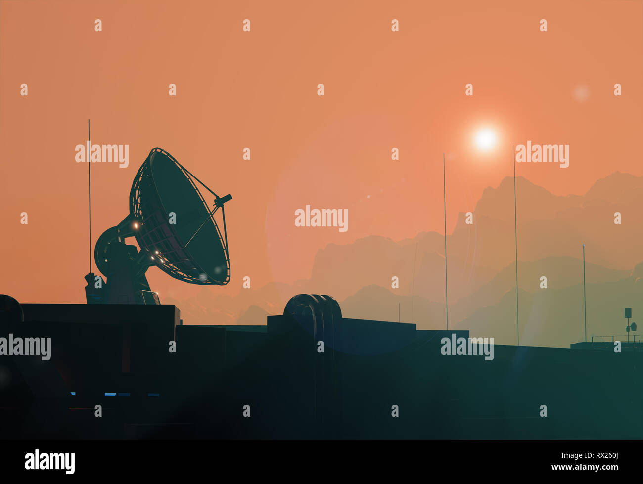 Satellite antenna dish silhouette of the space base on Mars, 3d illustration Stock Photo