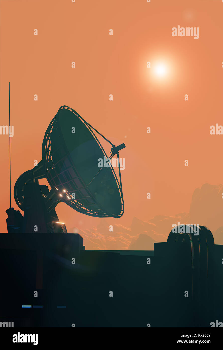 Satellite antenna dish close up. Space base on Mars, 3d illustration Stock Photo