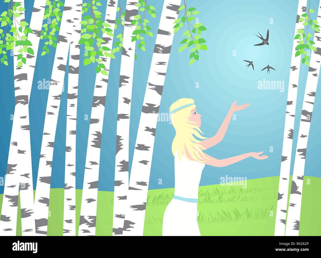 Girl walks between the birches. Birds fly over woman hands. Green lawn and birch branches. Vector illustration EPS-8. Stock Vector