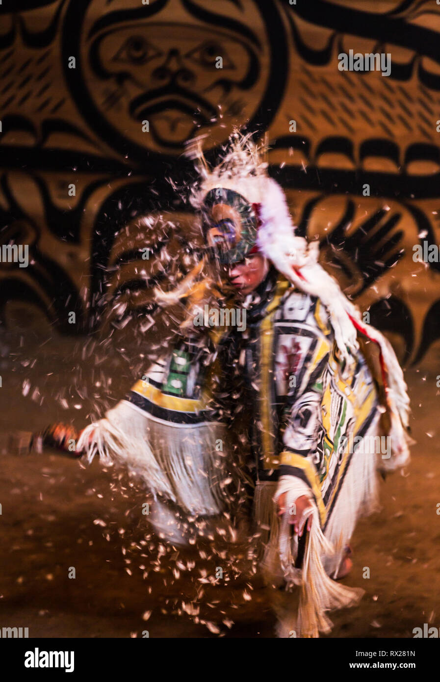 Eagle down escapes from the headdress of a young Kumugwe Dancer performing the 'Holixkyla'  or chief dance during Aboriginal Days in the Komok's bigho Stock Photo