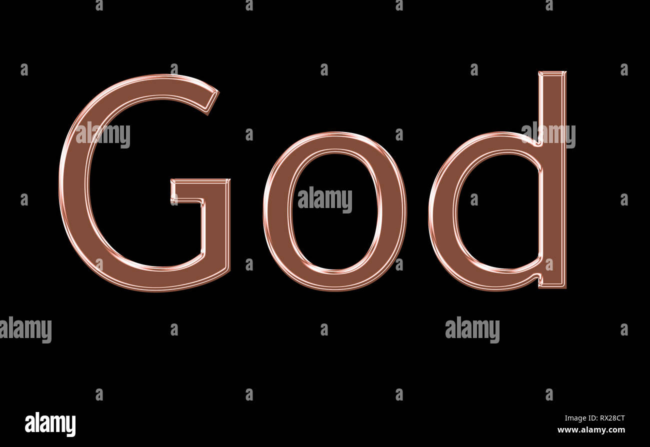The word GOD in bronze metallic isolated on a black background Stock
