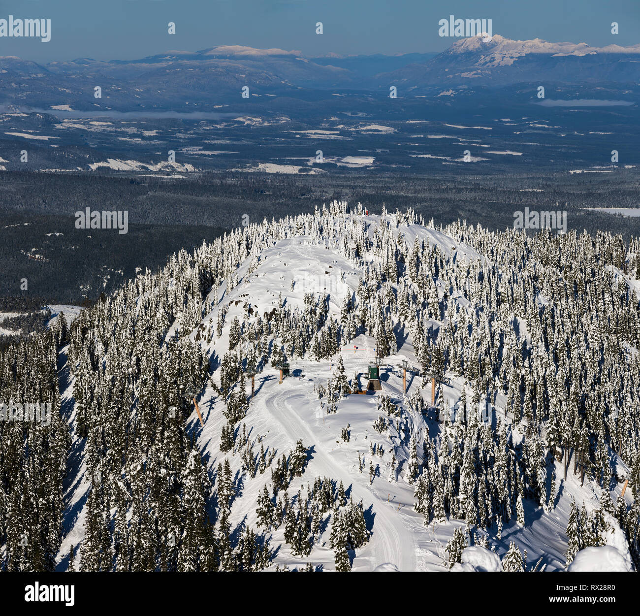 The Boomerang chairlift at Mt. Washington accesses more difficult terrain on the backside of Mt. Washington, The Comox Valley, Vancouver Island, British Columbia, Canada Stock Photo