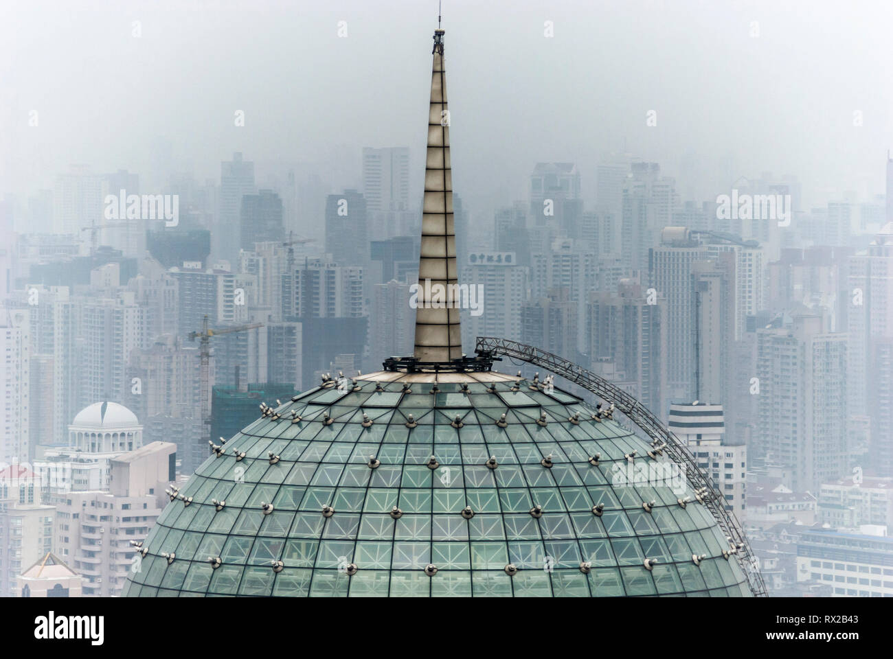 Radisson hotel rooftop mast and Shanghai skyline, view from Sheraton hotel. Shanghai, China Stock Photo