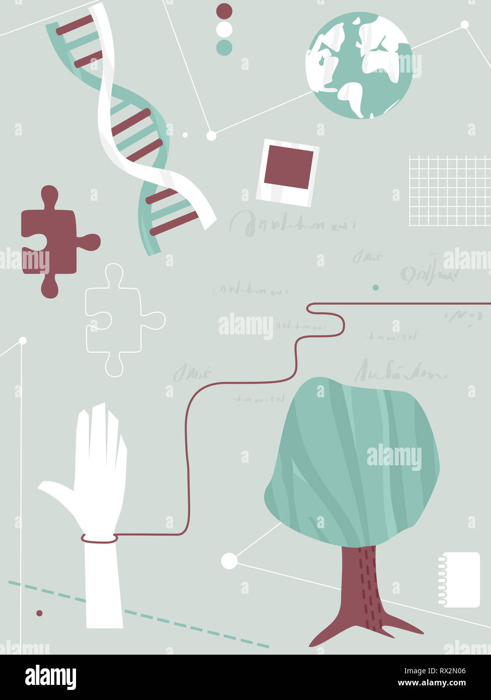Background Illustration of a Hand, DNA, Earth and Tree for Genealogy Design Stock Photo