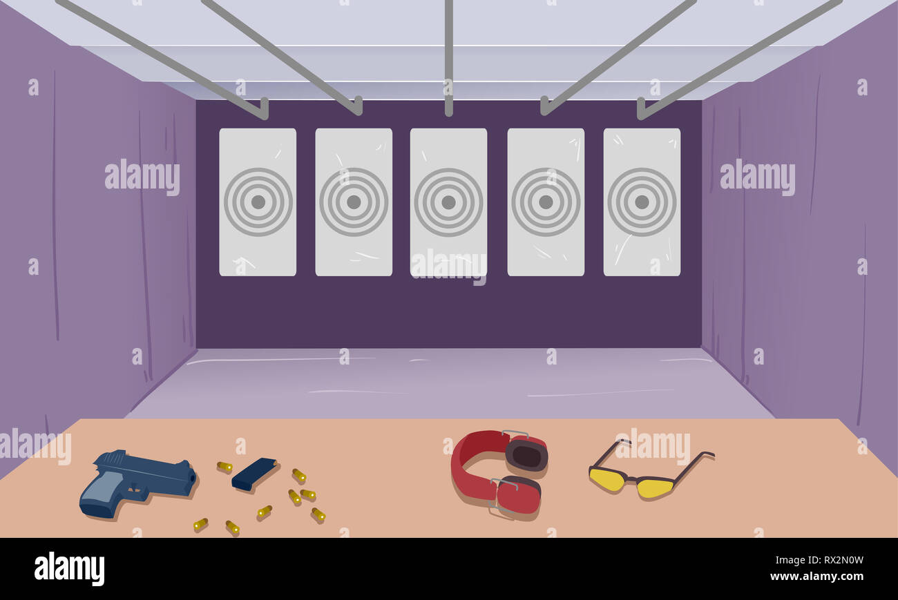 Illustration of an Indoor Target Shooting Range with a Gun, Bullets