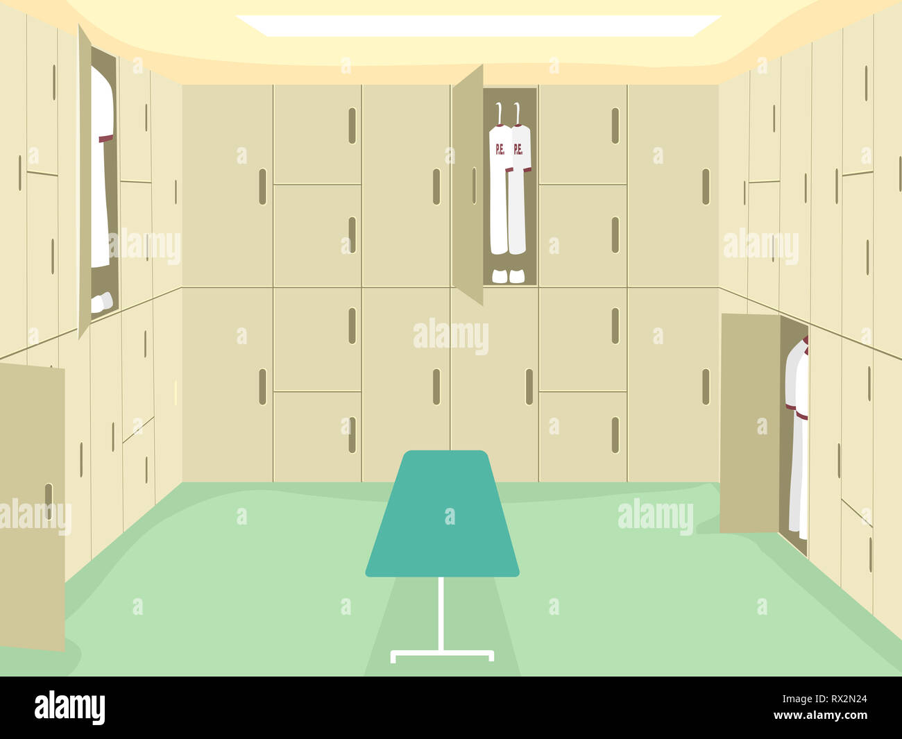 illustration-of-a-changing-room-with-locker-cabinets-and-bench-stock