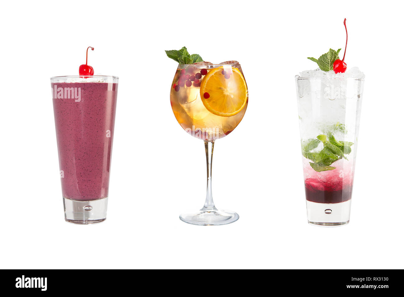 A variety of alcoholic drinks, beverages and cocktails on a white