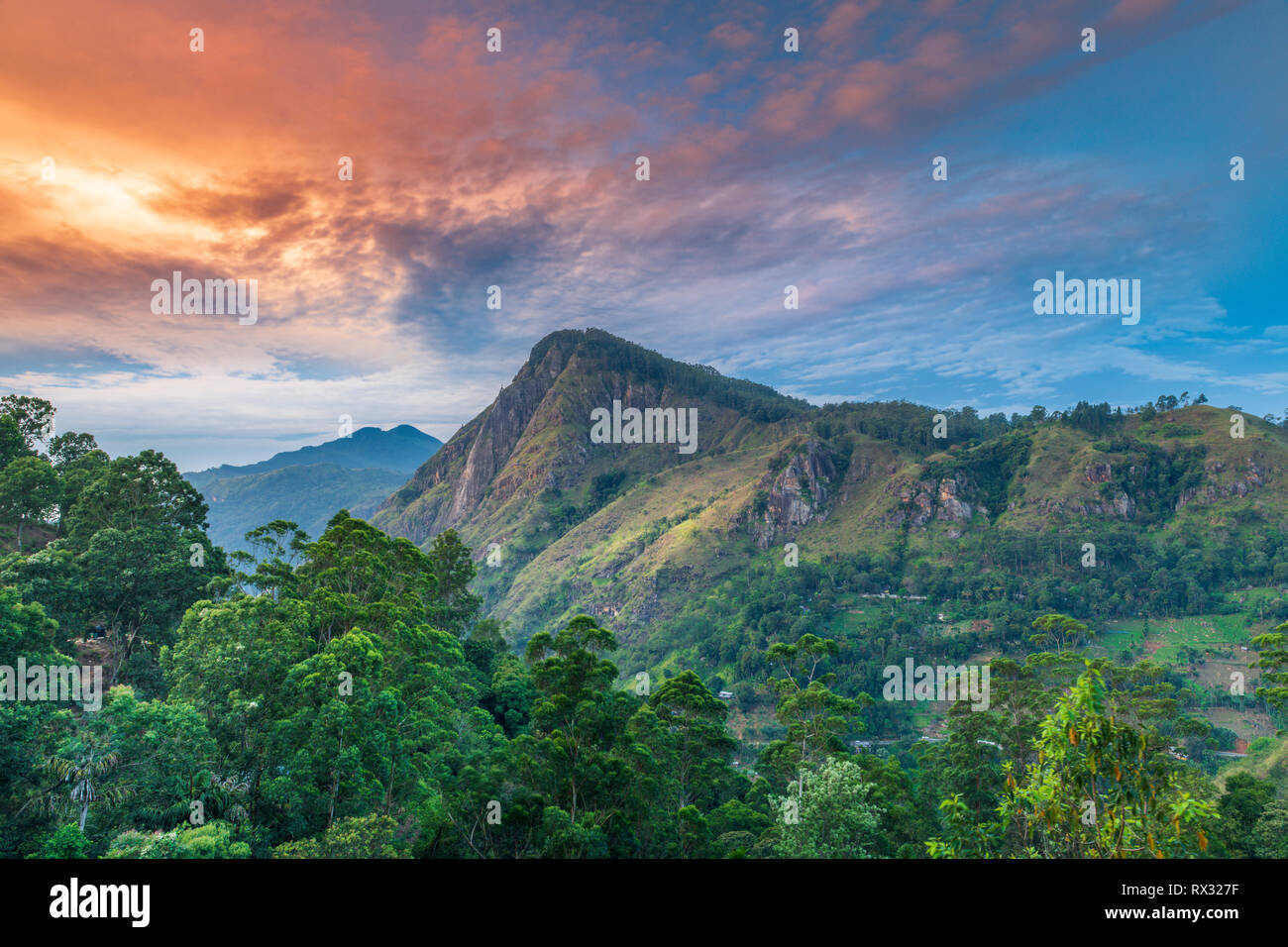 Ella Rock at dawn. A sleepy village a decade ago, Ella now attracts large numbers of foreign visitors to this Sri Lankan landmark. The main attraction Stock Photo