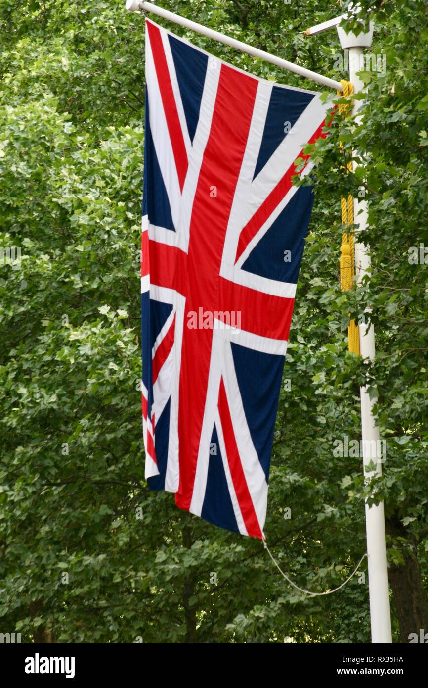 British Union Jack flag flying vertically with trees in the background