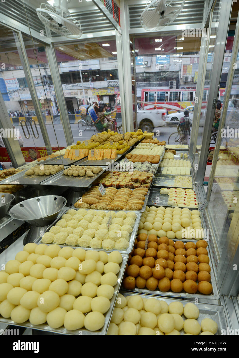 Bengali sweets in a sweet shop in Dhaka, Bangladesh. Stock Photo