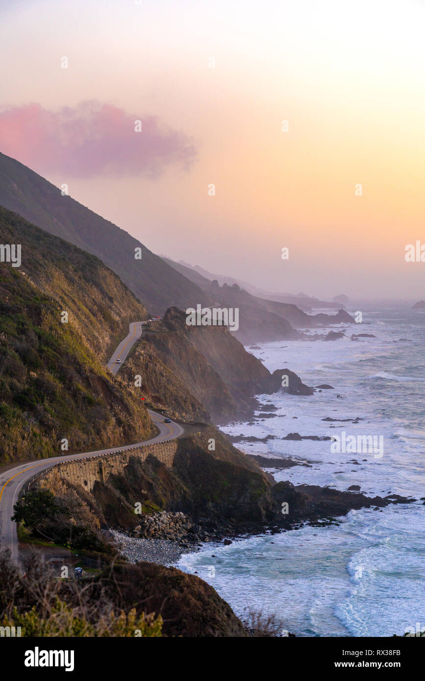 Big Sur, California - Vista view of the famous Highway One coastal highway along the Pacific coast during sunset. Stock Photo