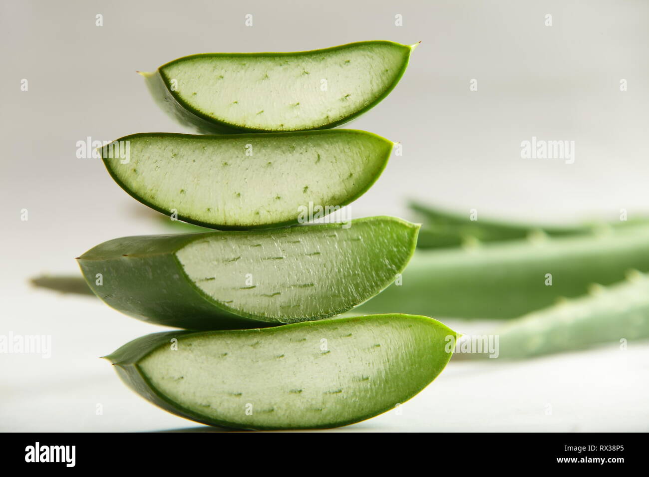 Fresh green aloe vera leaf slices .Ayurveda herbs background Stock Photo