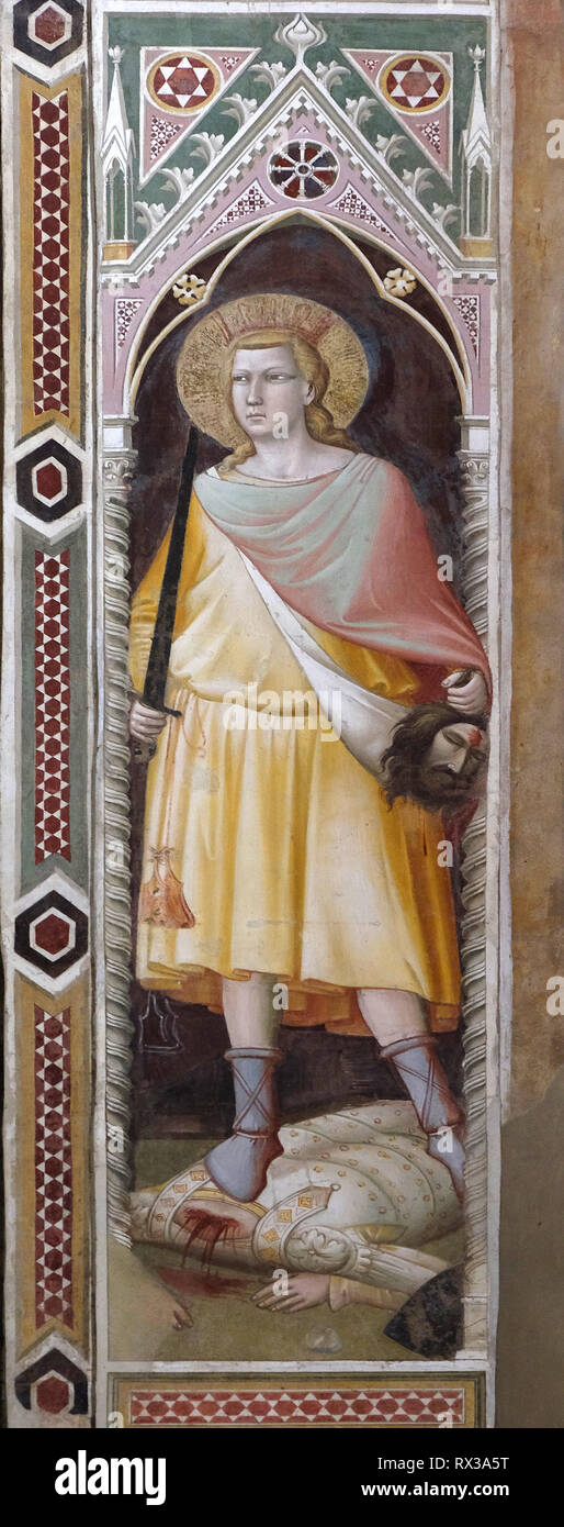 David holding Goliath's Head, fresco by Taddeo Gaddi, Baroncelli Chapel in the Basilica di Santa Croce in Florence Stock Photo