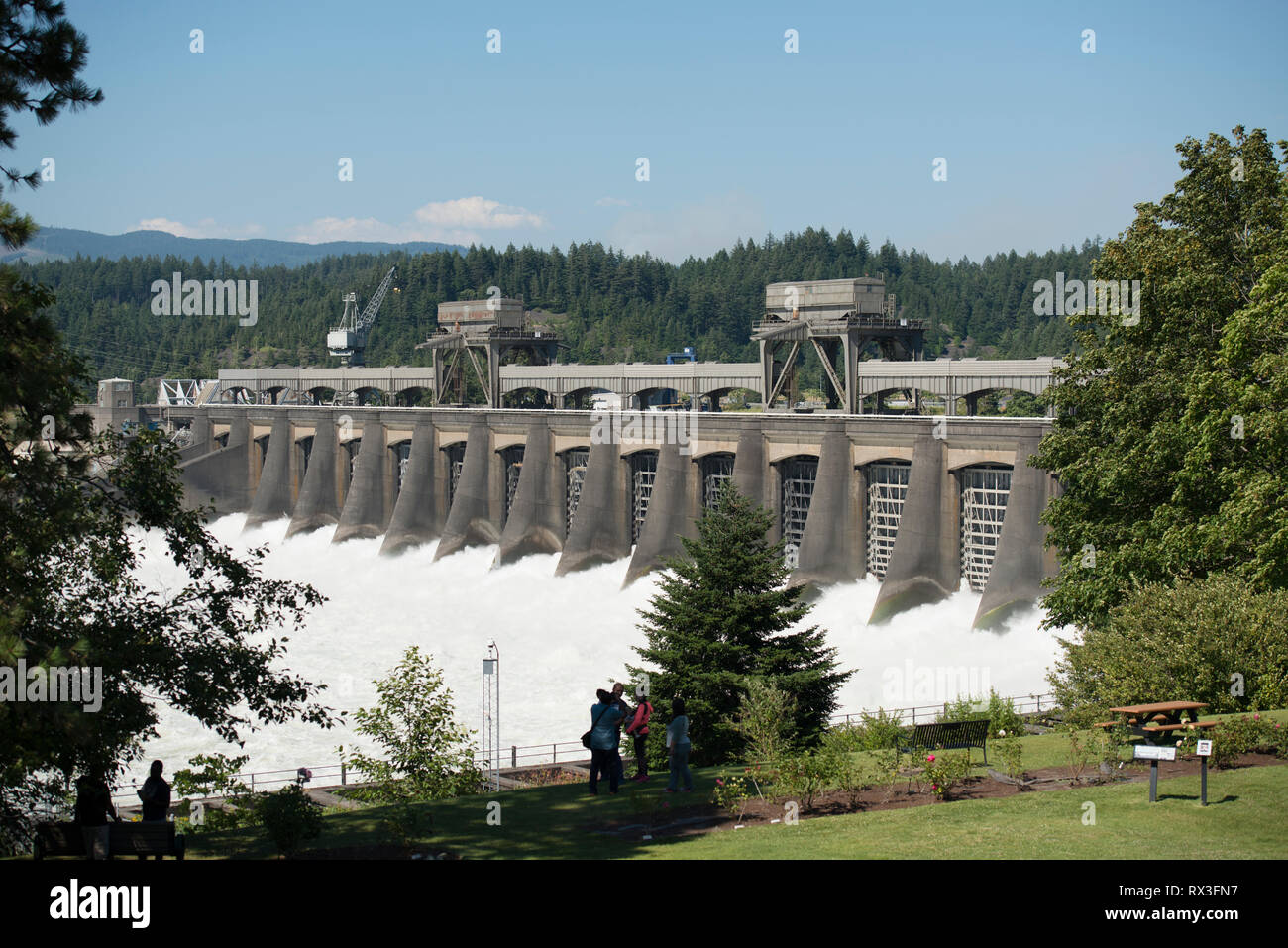 The Bonneville Lock and Dam located on the Columbia River in Oregon, USA, a National Historic Landmark. Stock Photo