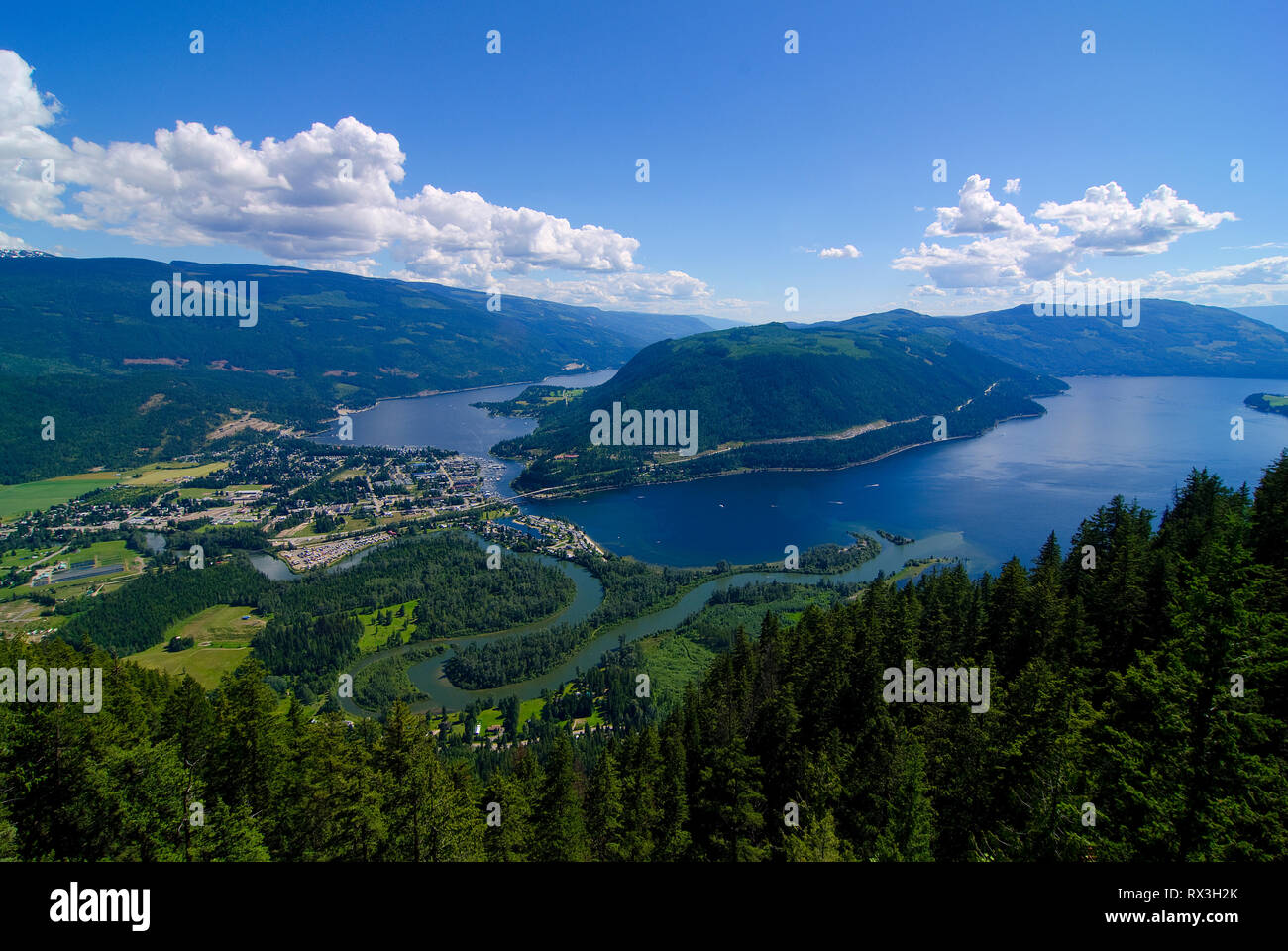 Extraordinary summer viewscape from the glider ramp overlooking Sicamous, the Eagle River and Shuswap Lake in British Columbia, Canada Stock Photo