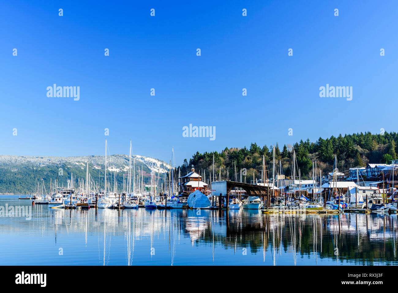 Some of the marinas in Cowichan Bay, British Columbia Stock Photo