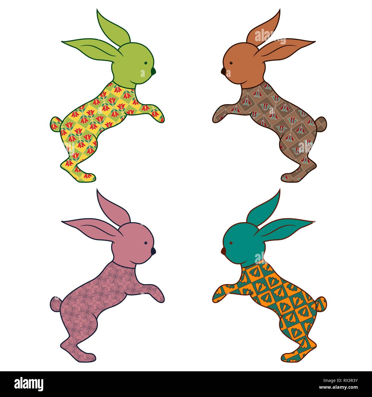 Set of four stylized colorful Easter ornamental rabbits isolated on the white background, hand drawing vector illustration Stock Vector