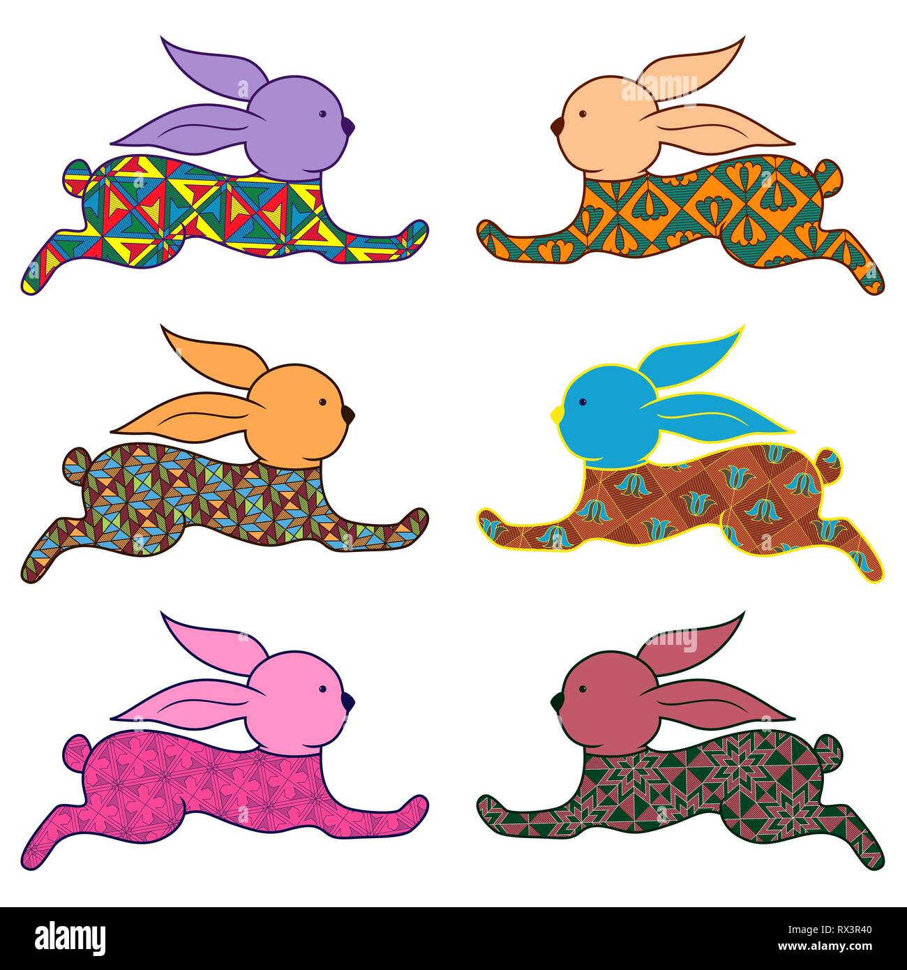 Set of six Easter rabbits decorated with ornamental pattern isolated on the white background, vector illustration Stock Vector