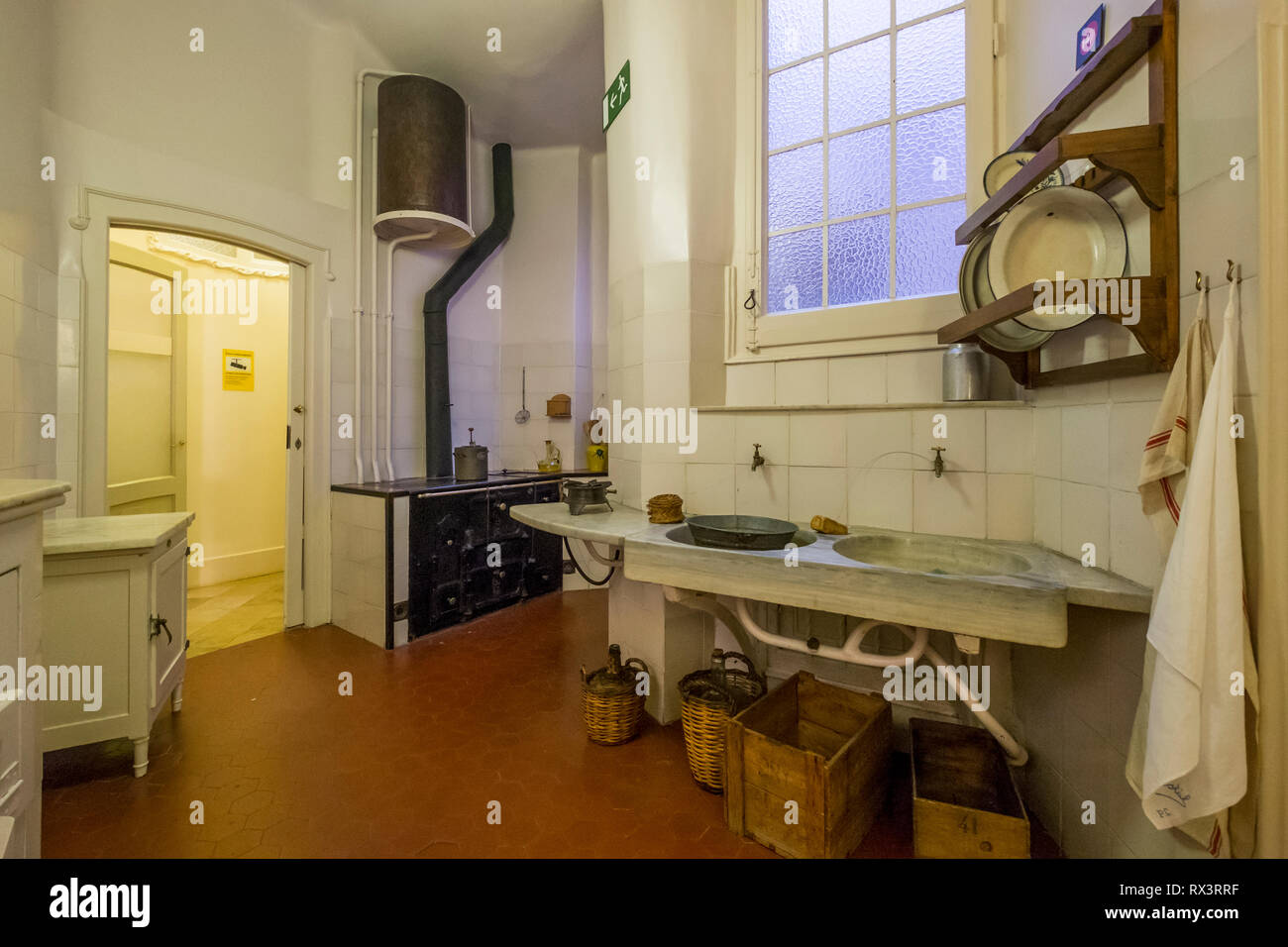 A kitchen  in an apartment at Casa Mila in Barcelona, Spain. Stock Photo